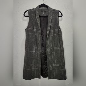 Eileen Fisher Grey & White Windowpane Plaid Wool Blend Long Vest - XSmall